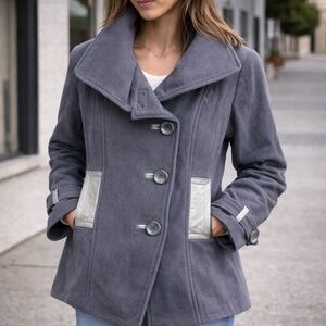 Mackage Wool Cashmere Coat Gray Leather Trim Tailored Button Front Winter Jacket